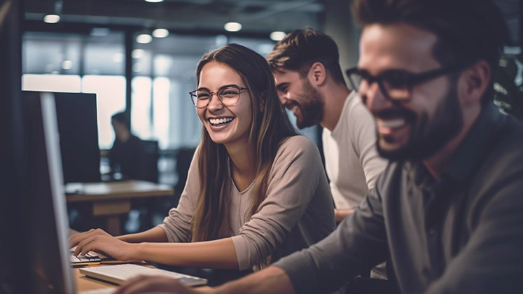Motivated team collaborating in a modern, friendly office.